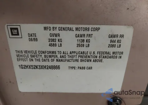 1999 Pontiac Bonneville Se z USA, uszkodzony, nr VIN 1G2HX52K3XH248866